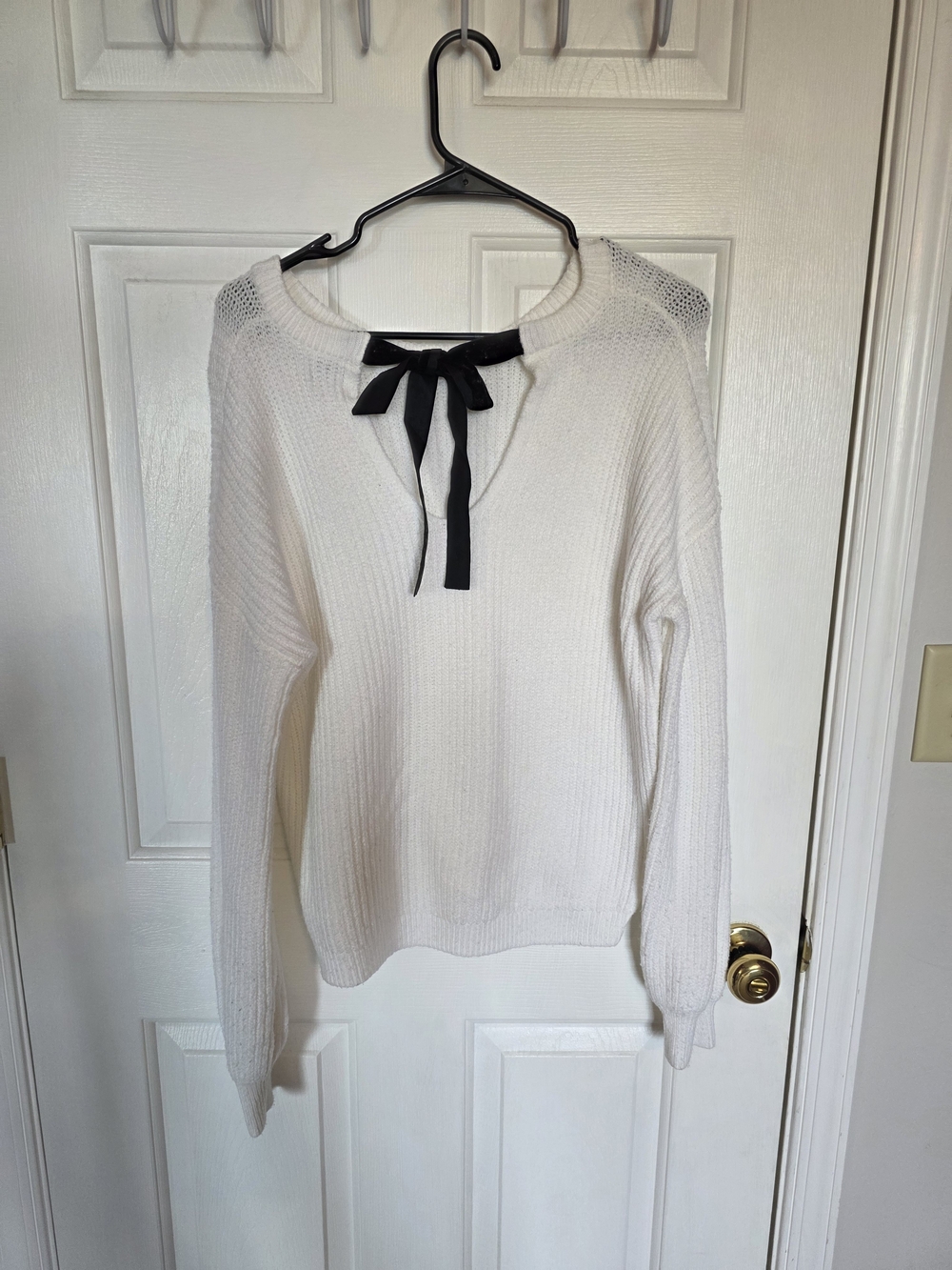 a new day White Knit Sweater with Black Bow Detail